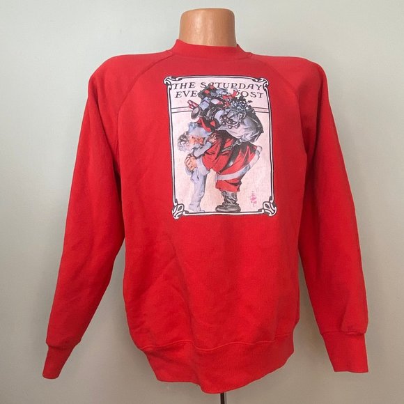 Vintage 1990s Christmas Sweatshirt, M/L, 1925 Saturday Evening Post, Santa Hug - Picture 1 of 6